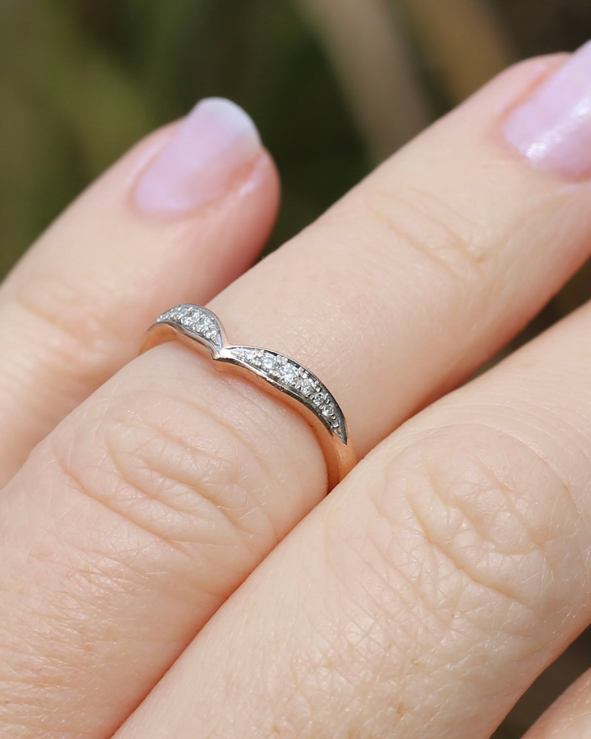 Bead Set Natural Diamond Wishbone Ring, 9ct Rose Gold, size J or 4.75, 1.7g
