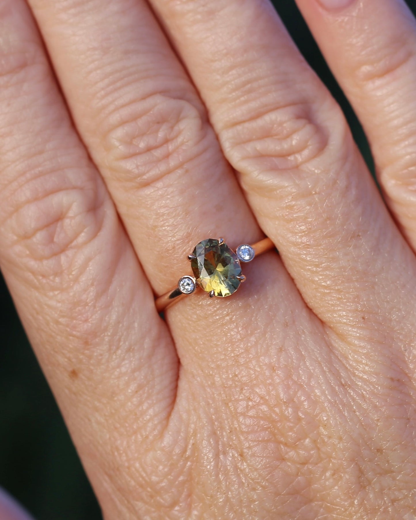 1.57ct Natural Golden Tanzanite Zoisite and Diamond Trilogy Ring, 14ct Rose Gold, size 8.75 or just over R, 3.3g, with valuation