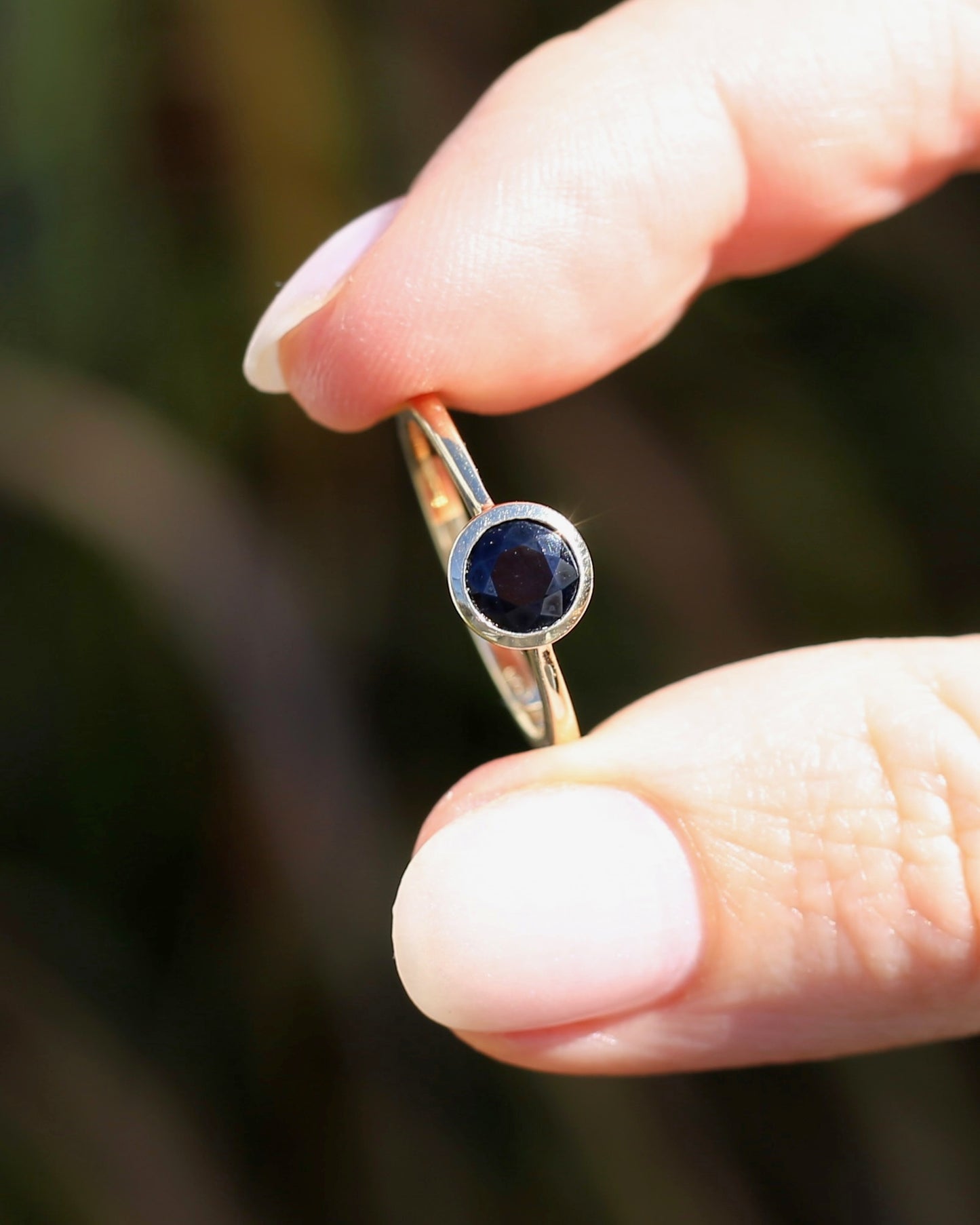 Bezel Set Opaque Navy Sapphire, 9ct Yellow Gold, size O or 7.25
