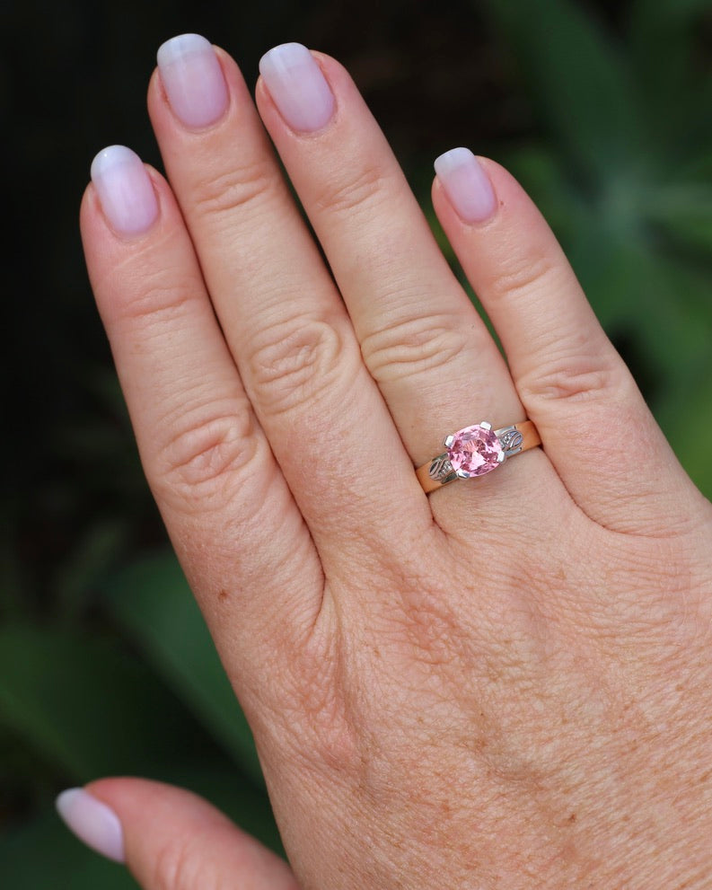 1.62ct Natural Pink Tourmaline in 1970s Mixed Metal Setting with Diamond Side Stones, size P or 7.5, 4.34g