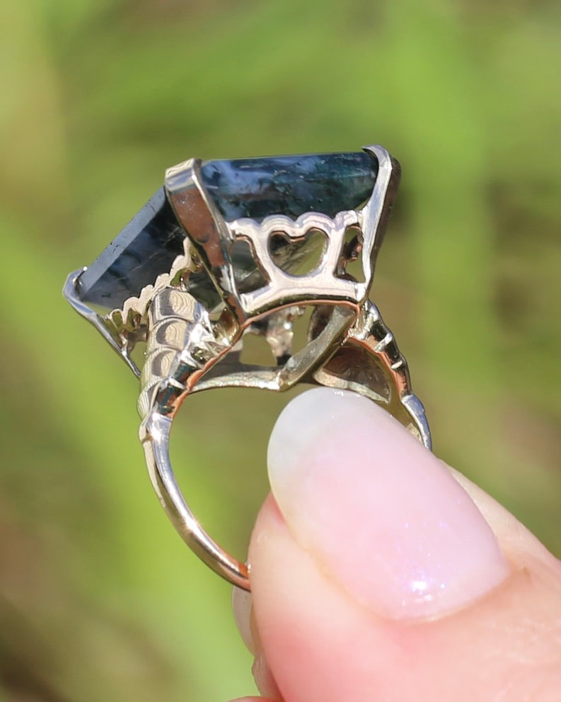 1963 London Made 14.5ct Moss Agate Cocktail Ring, 9ct Yellow Gold, size M or 6.25, 6.75g