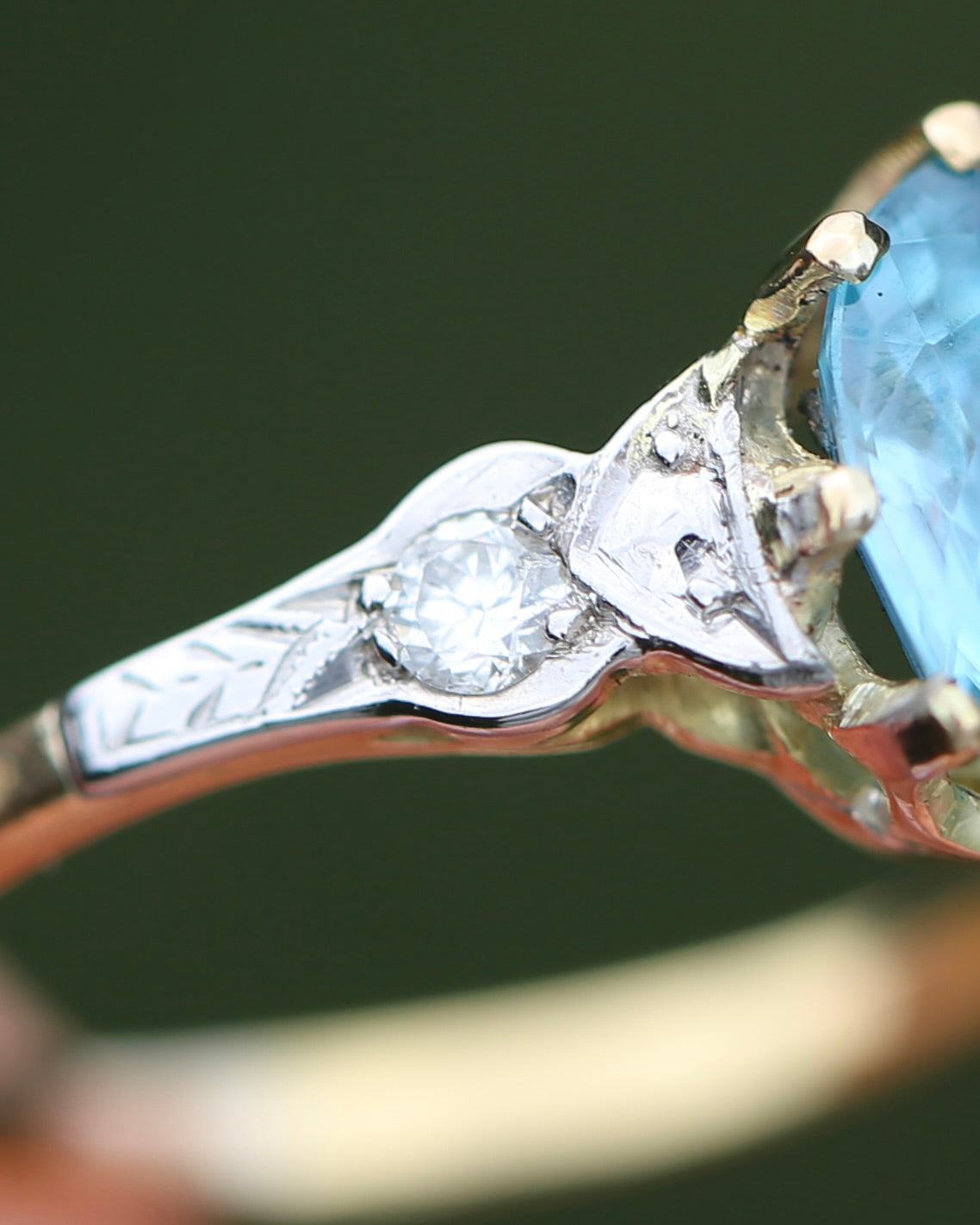Circa 1930s Art Deco Blue Zircon and Diamond Ring, 18ct size just over M1/2 or 6.5, 2.80g