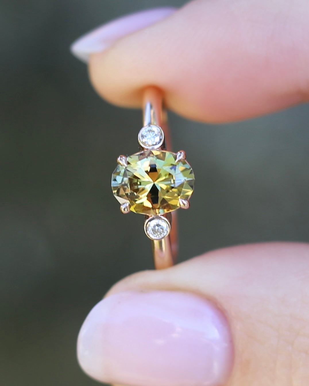 1.57ct Natural Golden Tanzanite Zoisite and Diamond Trilogy Ring, 14ct Rose Gold, size 8.75 or just over R, 3.3g, with valuation