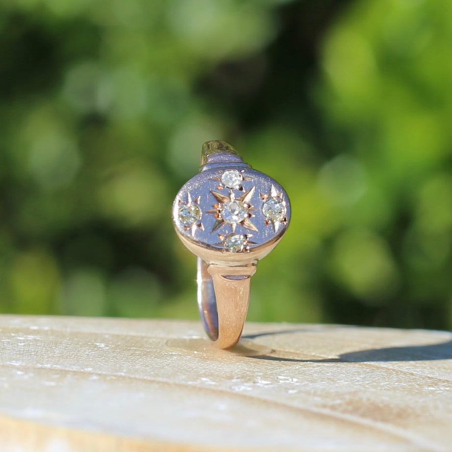 Early Australian Joseph Lawrence Signet Ring, Star Set with 5 Old Cut Diamonds, size T or 9.5