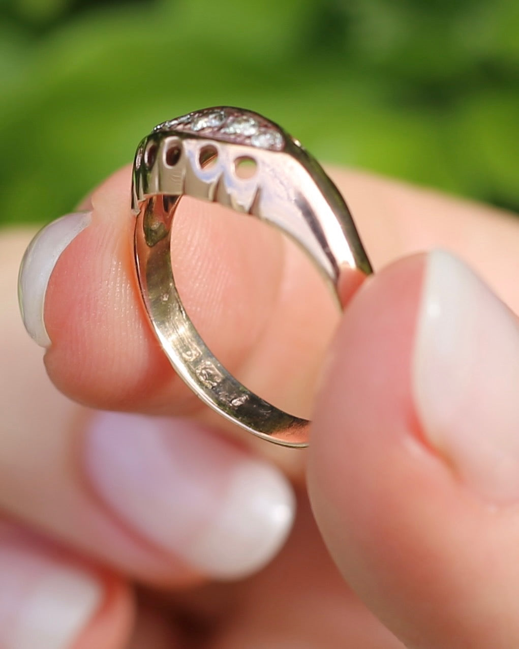 Vintique Rose Gold Boat Ring, 5 Early Brilliant Cut Diamonds, 9ct Rose Gold, size O1/2 or 7.25