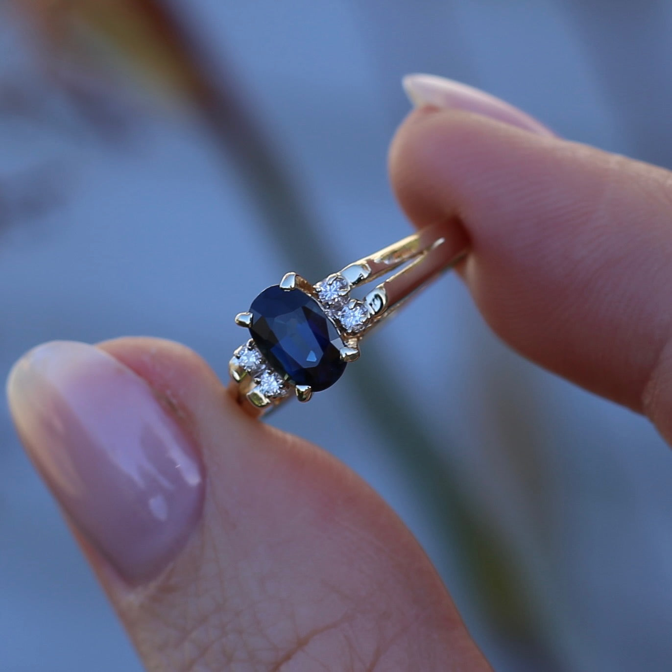 Oval Natural Blue Sapphire with Diamonds, Art Deco Feel Ring, 14ct Yellow Gold, size N or 6.75