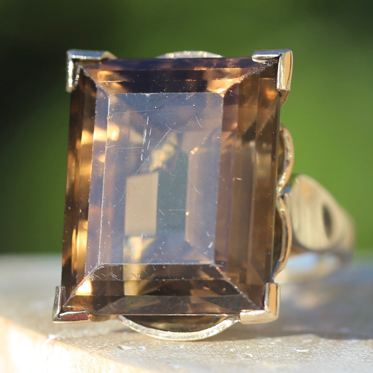 Mid Century 36ct Princess Cut Smoky Quartz Cocktail Ring, 9ct Yellow Gold, size N1/2 or 6.75