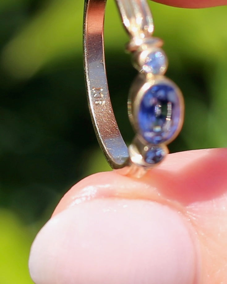 Vintage Bezel Set Cornflower Blue Sapphire and Diamond Ring, 9ct Yellow Gold, size O or 7.25