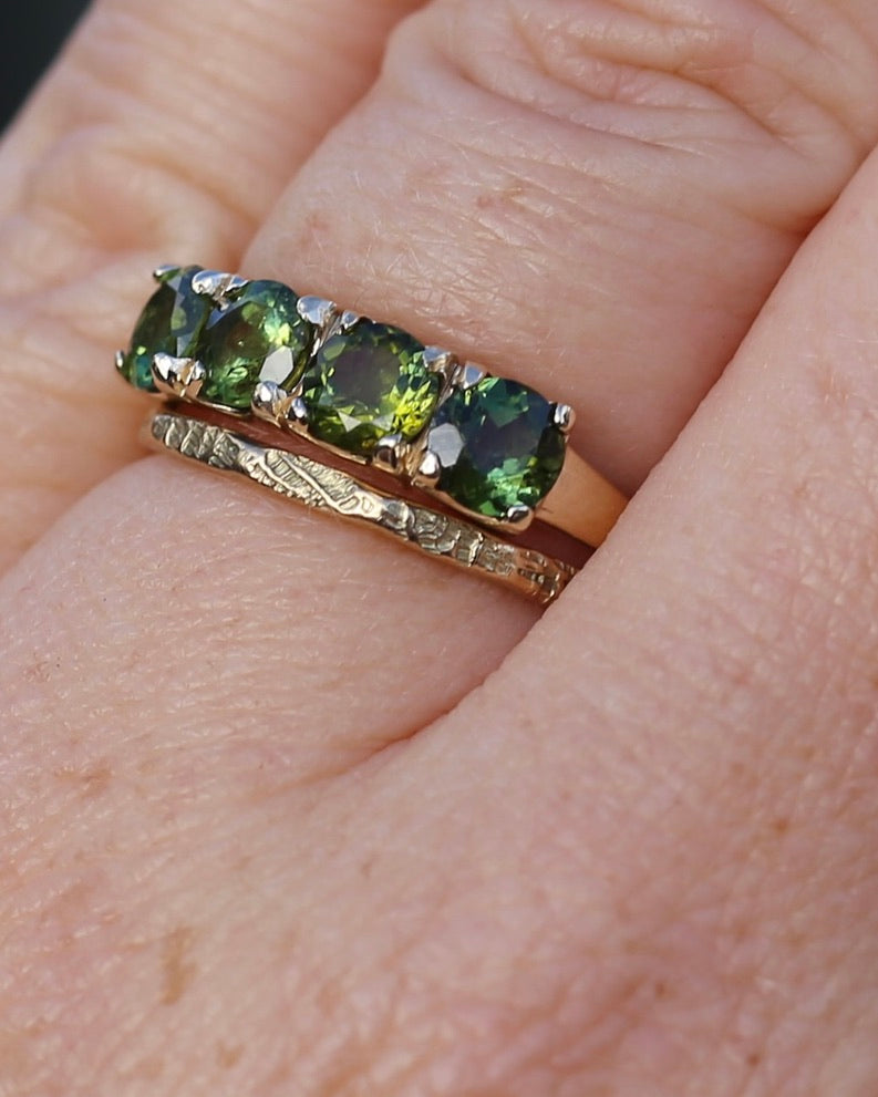 1.75ct Four Stone Natural Green Tourmaline Ring, 9ct Yellow Gold, size N1/2 or just over 6.75, 2.37g