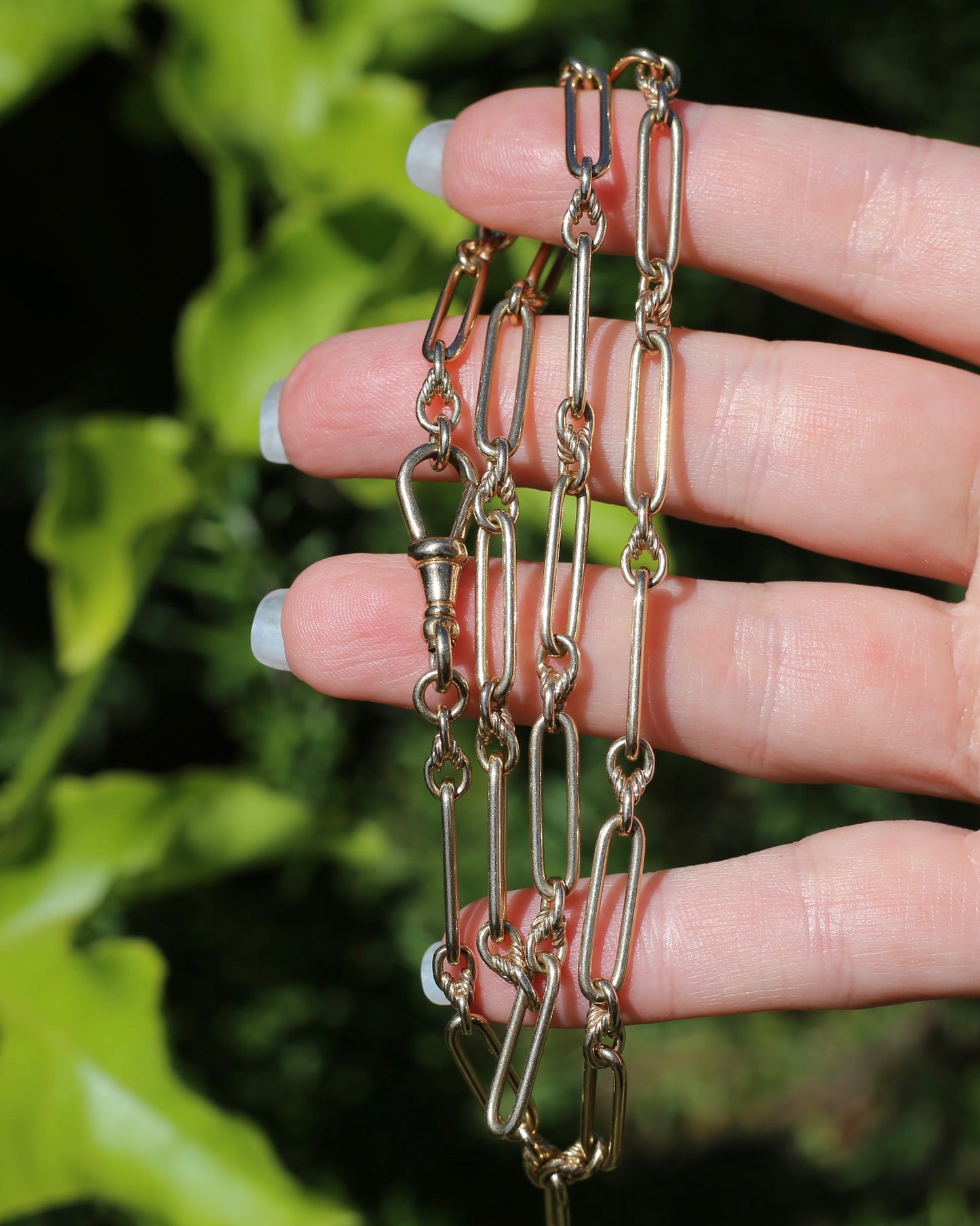 Vintique Trombone and Love Link Chain Single Albert Clasp, 9ct Gold, 51cm or 20 inches, 22.5g