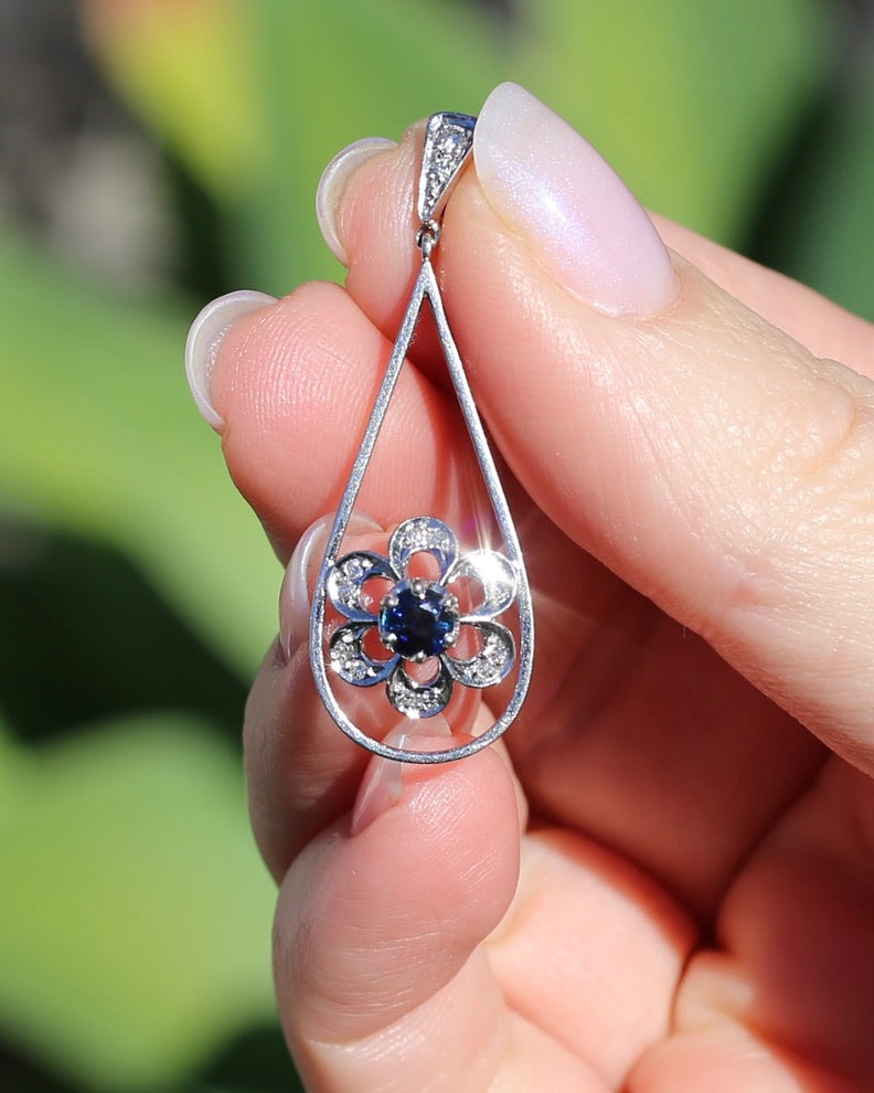 Vintage Natural Sapphire and Diamond Pendant, 18ct White Gold, 2.64g