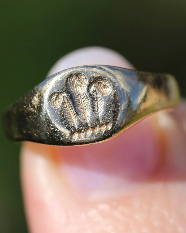 1984 Made Hand Carved Welsh Feather Signet Ring, 9ct Yellow Gold, size Q or just over 8, 2.45g