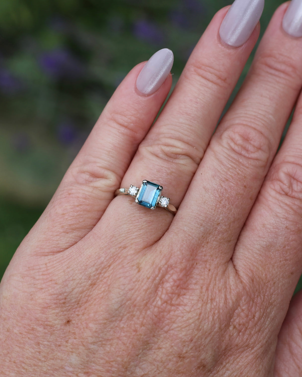1.1ct Emerald Cut Natural Blue Teal Sapphire and Diamond Trilogy, 18ct White Gold and Platinum, size O or just over 7, 2.27g