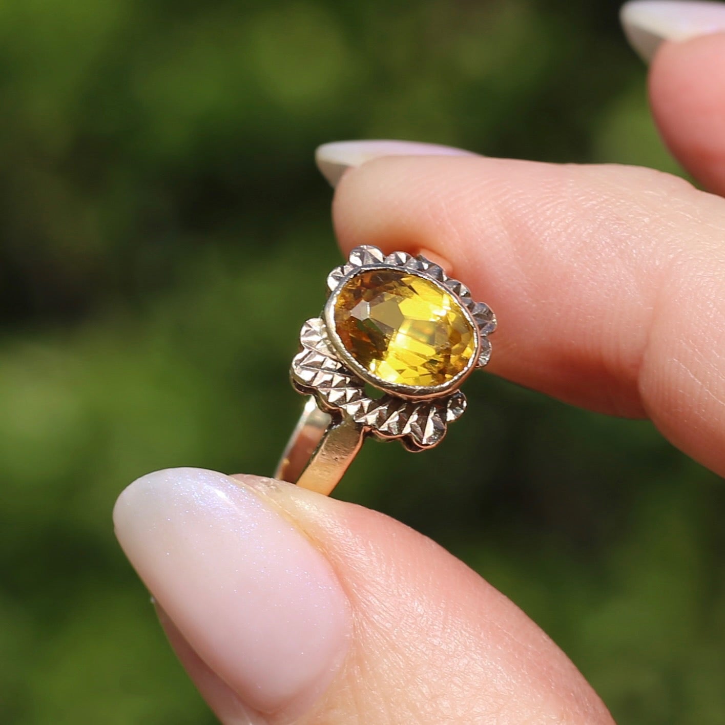 1994 Yellow Sapphire With Detailed Edges, 9ct Yellow Rosey Gold, size P or 7.5