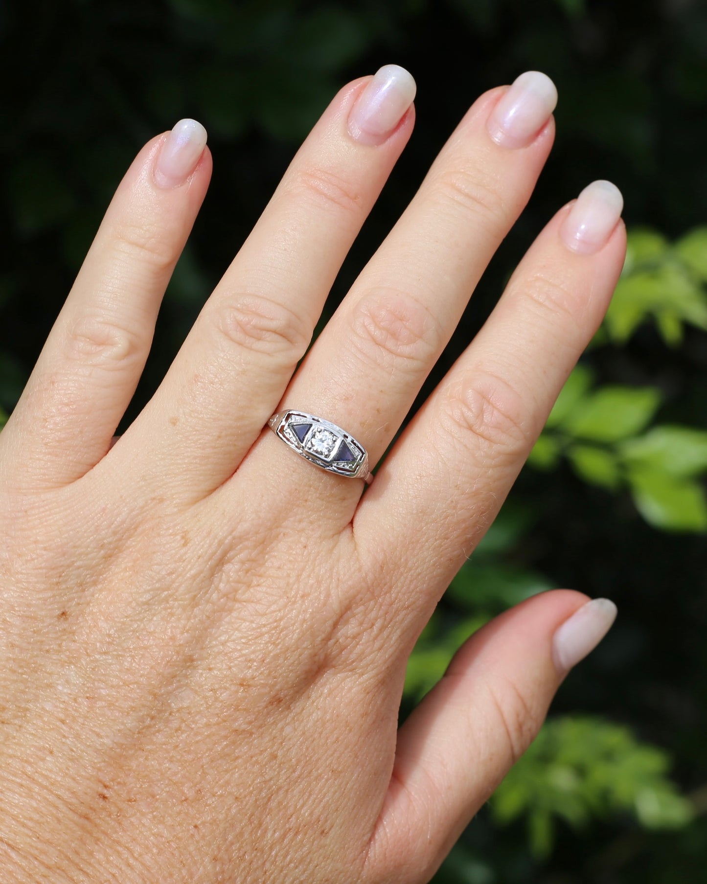 Art Deco Diamond and Sapphire Trilogy in Raised Handmade Engraved Floral Setting, 14ct White Gold, size U or 10 - offering free resize down to 7 or O, with valuation