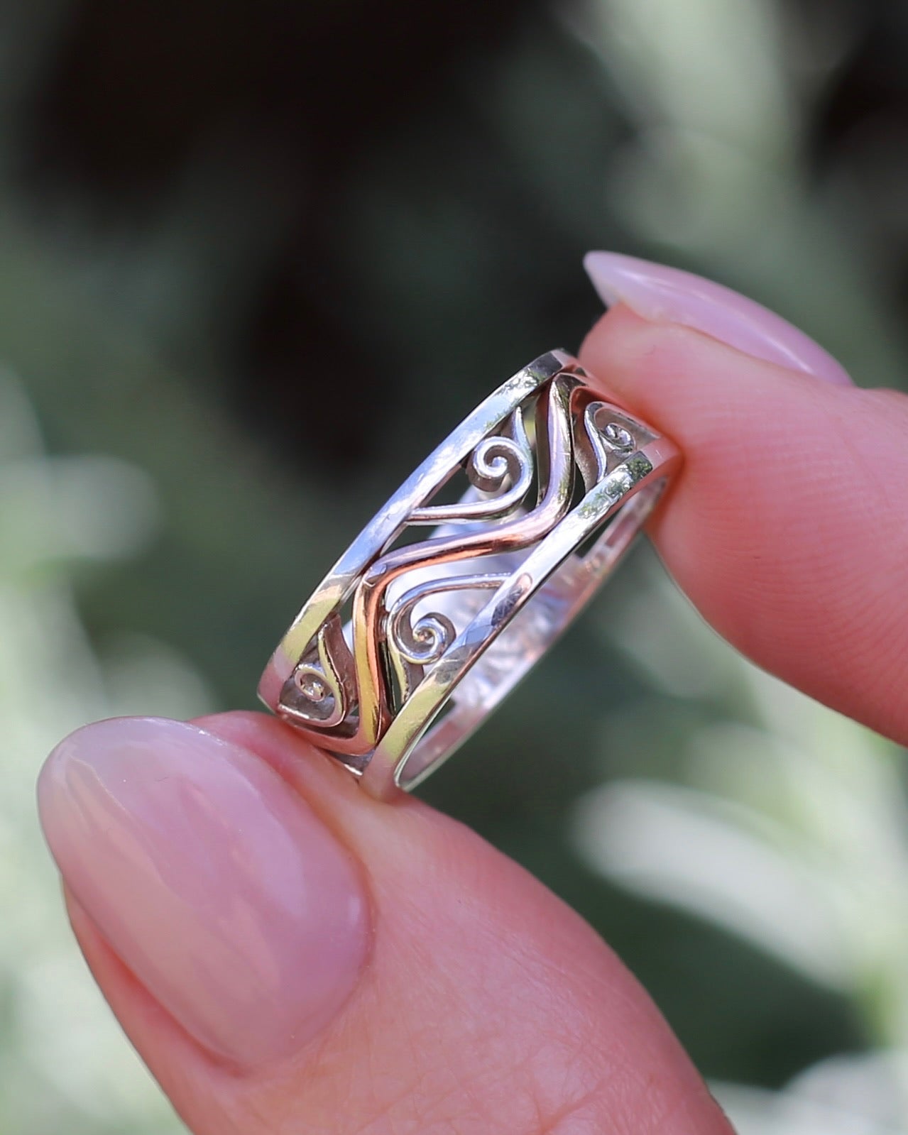 Silver and Rose Gold Filigree Swirl Band, Sterling Silver and 9ct Rose Gold, size P or 7.5 (fits more like an O)