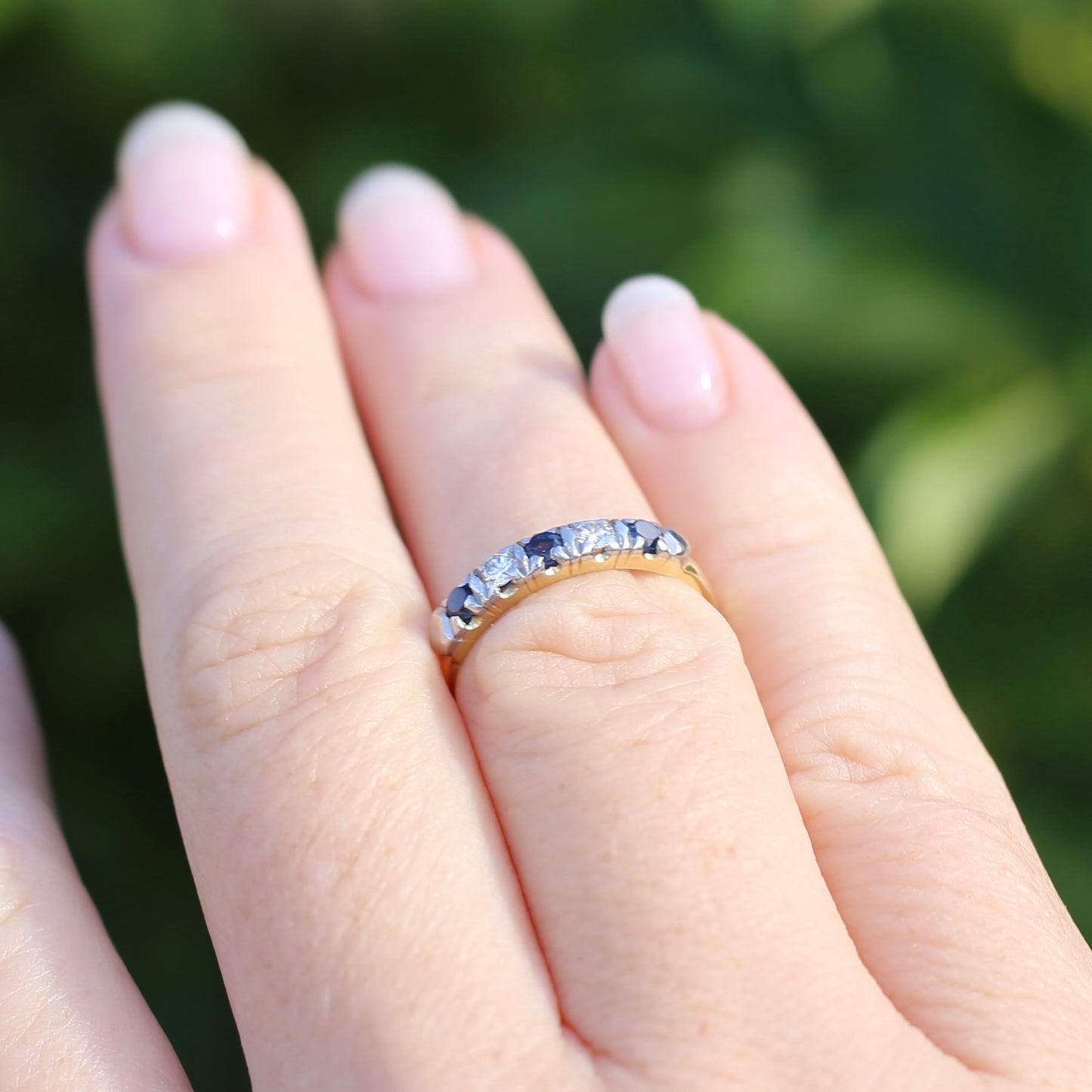 5 Stone Sapphire and Diamond Half Hoop, 18ct White and Yellow Gold, size M or 6.25