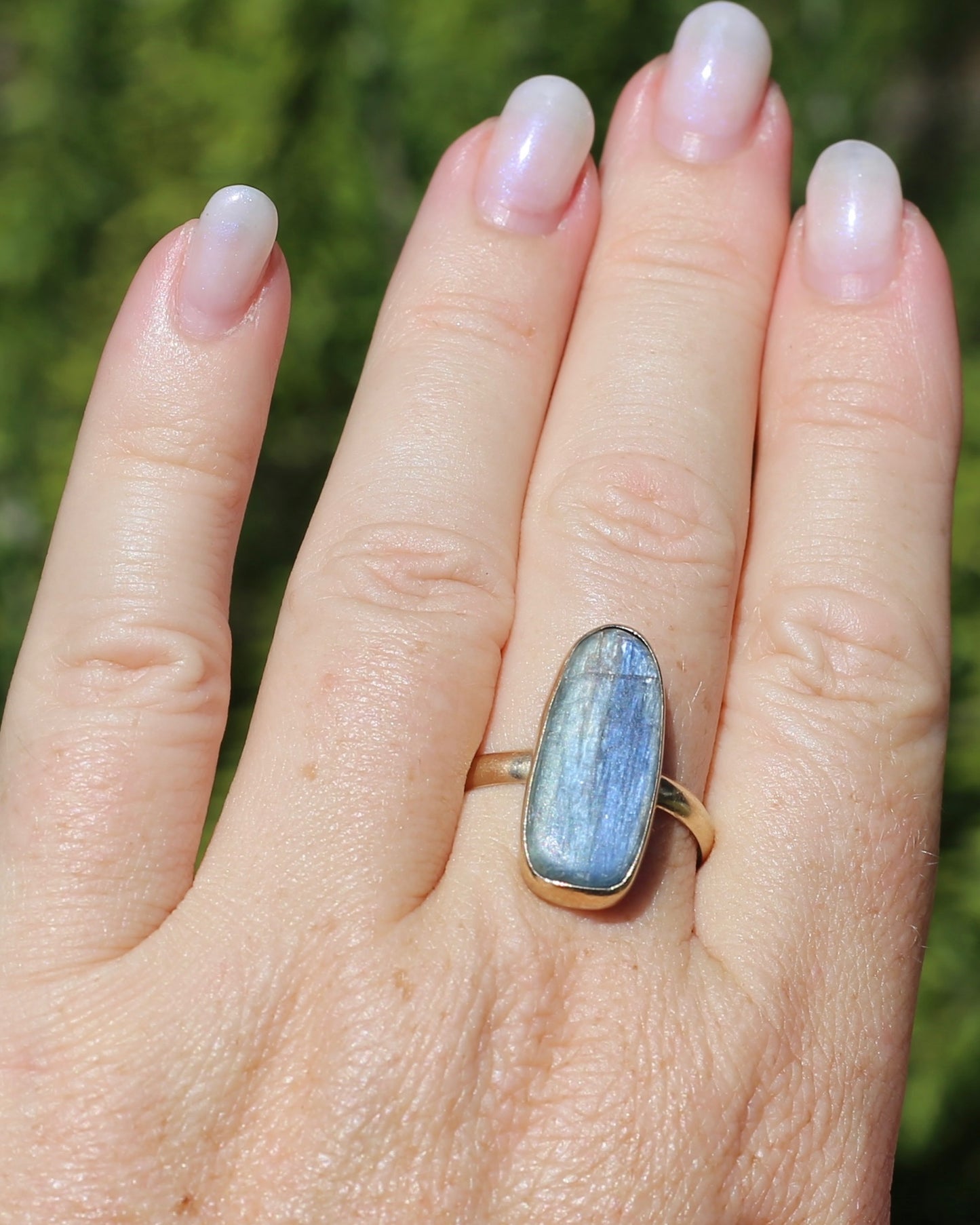 Rustic Freeform Labradorite Cabochon in Bezel Setting, 9ct Yellow Gold, size X1/2 or 11.75