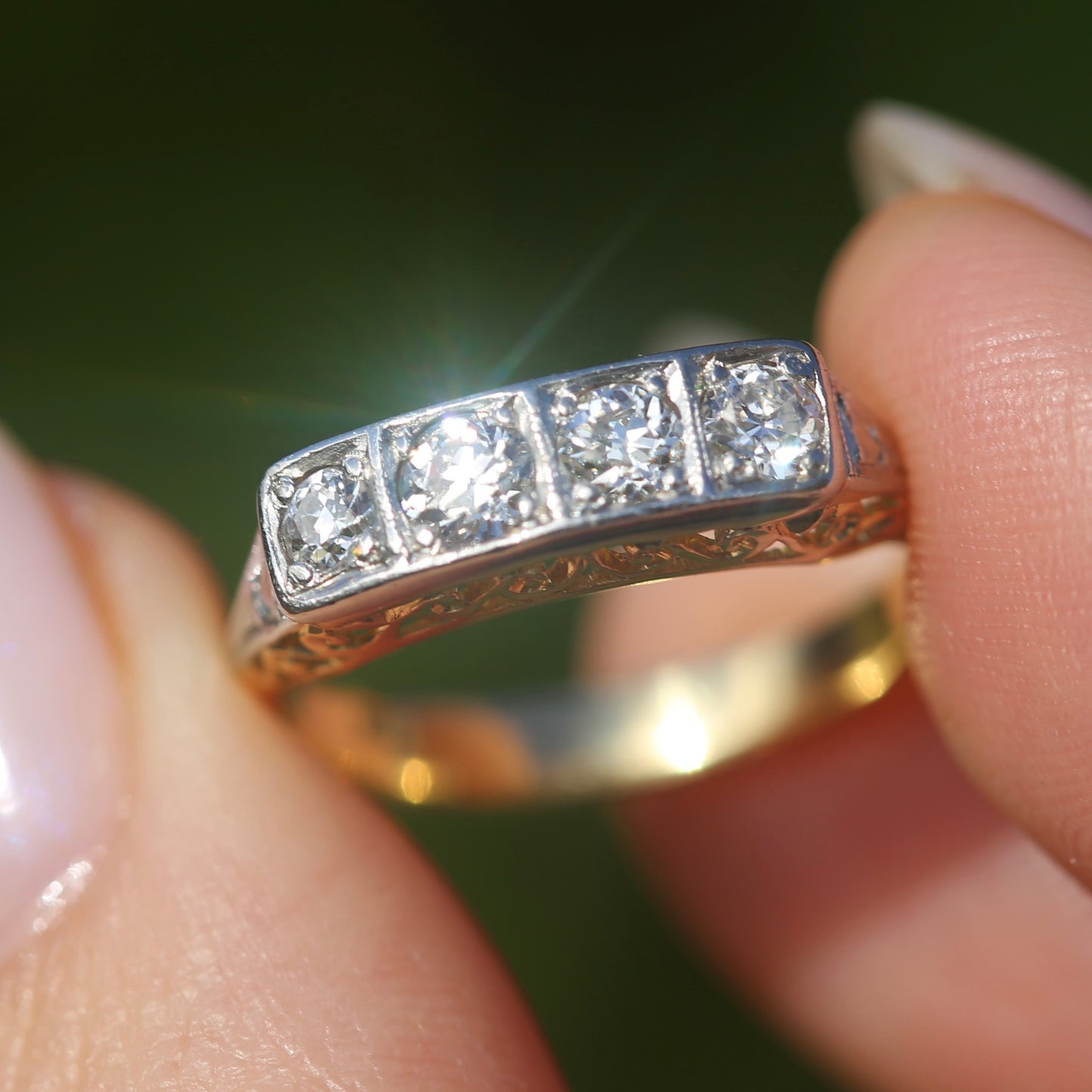 1930s 4 Stone Transitional Cut Diamond Mixed Metal Ring, 18ct Yellow Gold & Platinum, size M or just bigger than 6