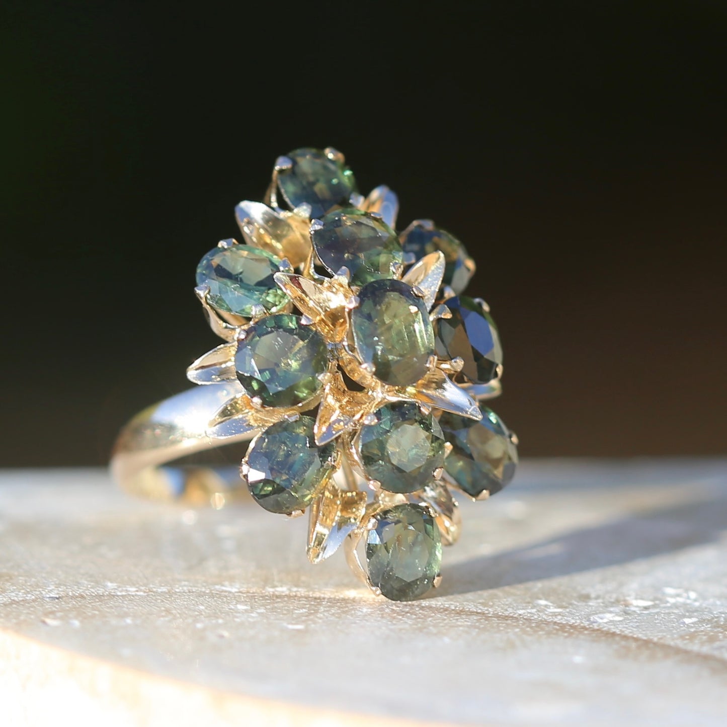 Brutalist Natural Green Sapphire Retro Ring, 14ct Yellow Gold, size 8 or Q