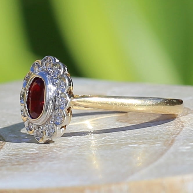 Ruby and Diamond Halo, 18ct Yellow and White Gold, size P or 7.75 with valuation