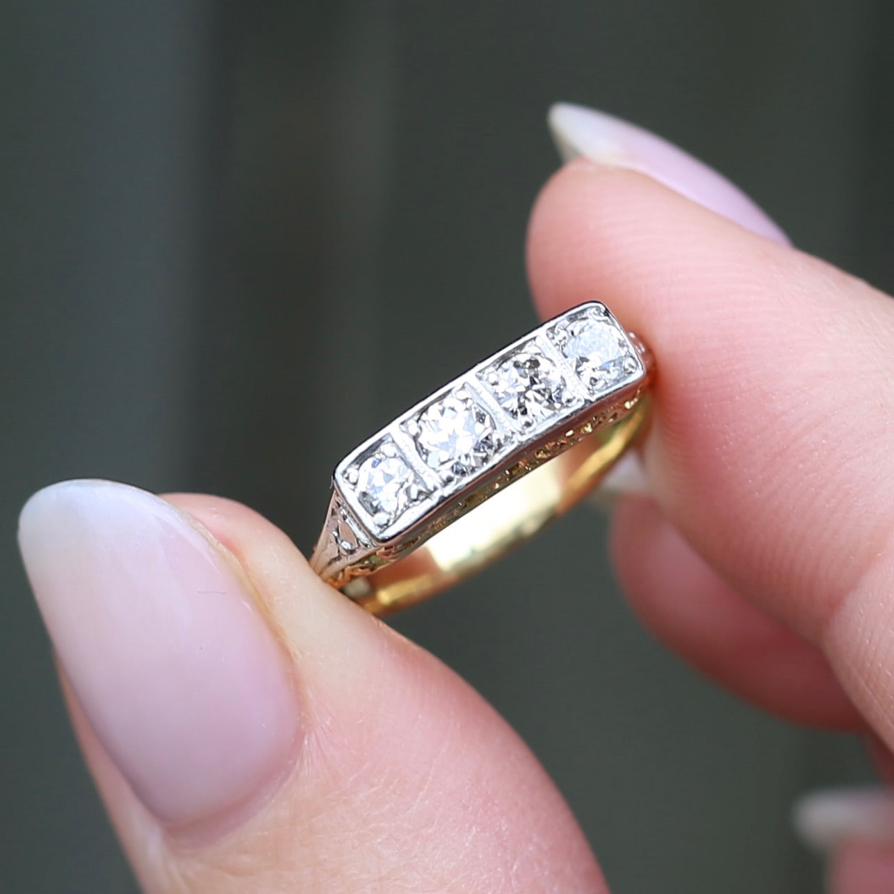 1930s 4 Stone Transitional Cut Diamond Mixed Metal Ring, 18ct Yellow Gold & Platinum, size M or just bigger than 6