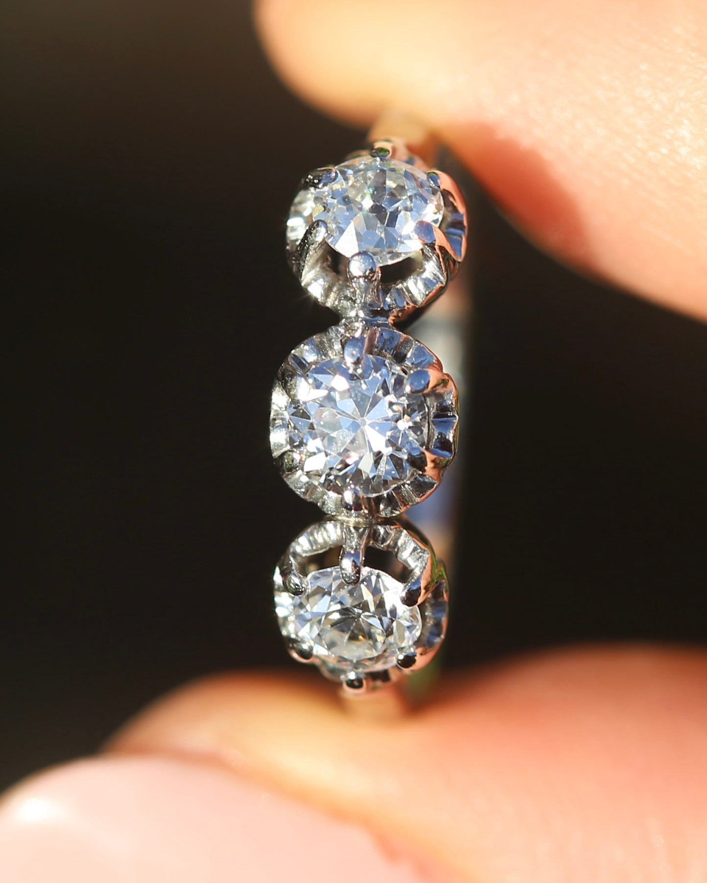 Circa 1930s Transitional Cut Diamond Trilogy with Kozibe Effect, Platinum, size L or 5.75, 2.68g, with valuation