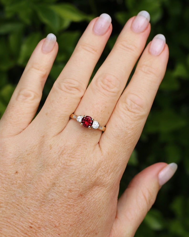 East African Rhodolite Garnet and Diamond Dais Trilogy, 9ct Yellow Gold, size S or 9.25