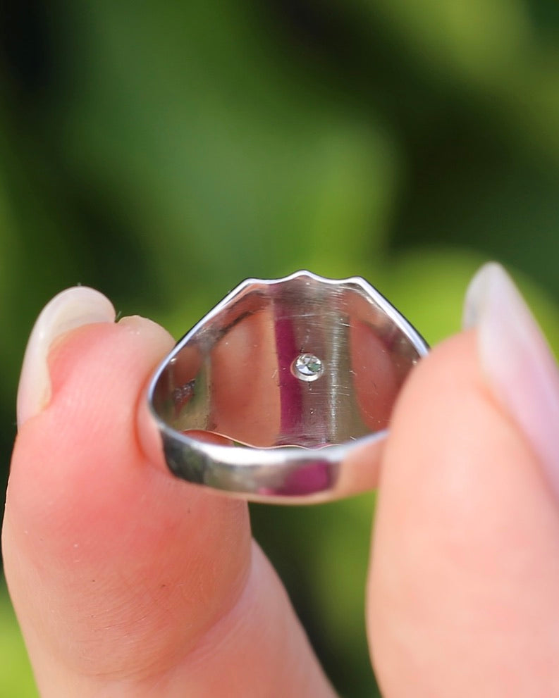 Vintage Shield Signet With Old Cut Diamond, 18ct White Gold, size N or just over 6.5 (fits more like an L1/2-M due to width), 6.86g