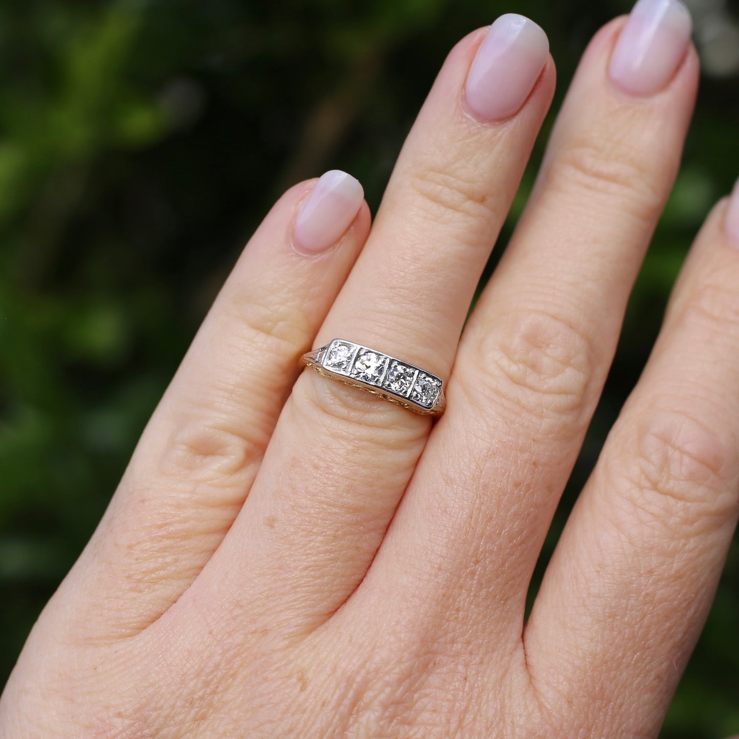 1930s 4 Stone Transitional Cut Diamond Mixed Metal Ring, 18ct Yellow Gold & Platinum, size M or just bigger than 6