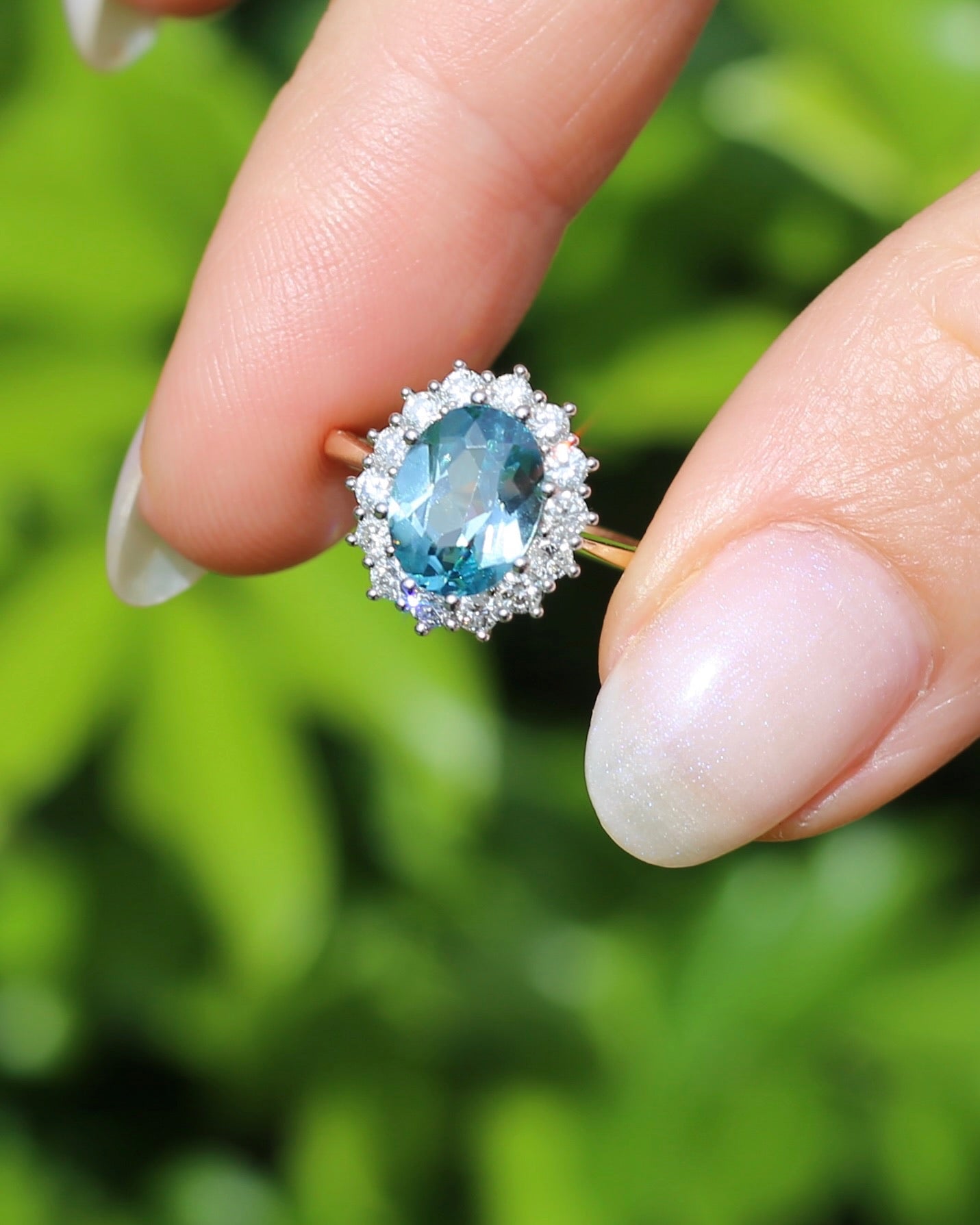 2.79ct Oval Blue Zircon and Diamond Halo, Vintage 9ct White and Yellow Gold, size M1/2 or 6.5