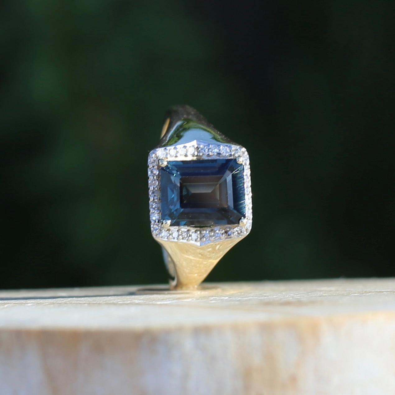 Emerald Cut London Blue Topaz Signet Ring With Diamond Halo, size N or 6.75