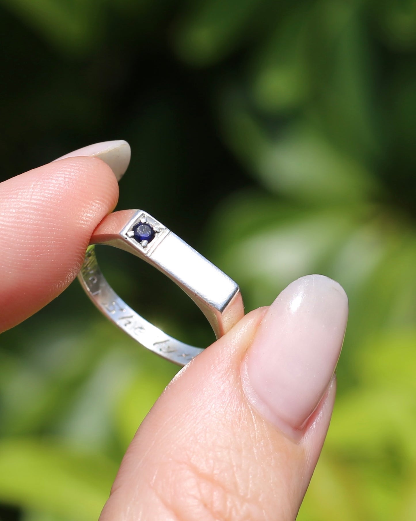 Narrow Silver Signet Ring with Sapphire, Sterling Silver, size 10.5 or V, 3.9g