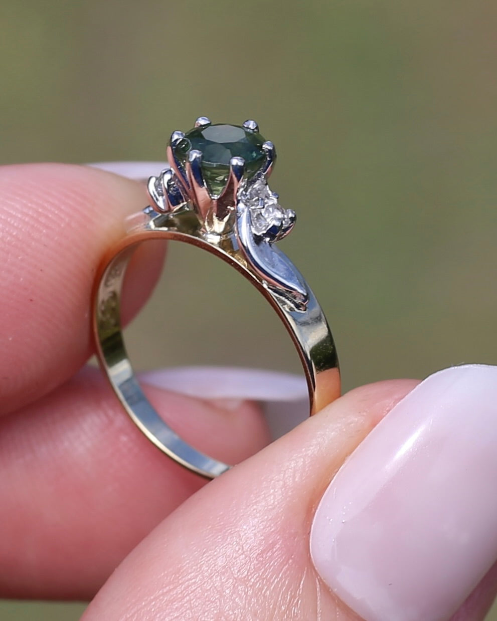1ct Natural Green Sapphire Ring with White Spinel Side Stones, Silver and 9ct Yellow Gold, size M or 6.25, 2.1g