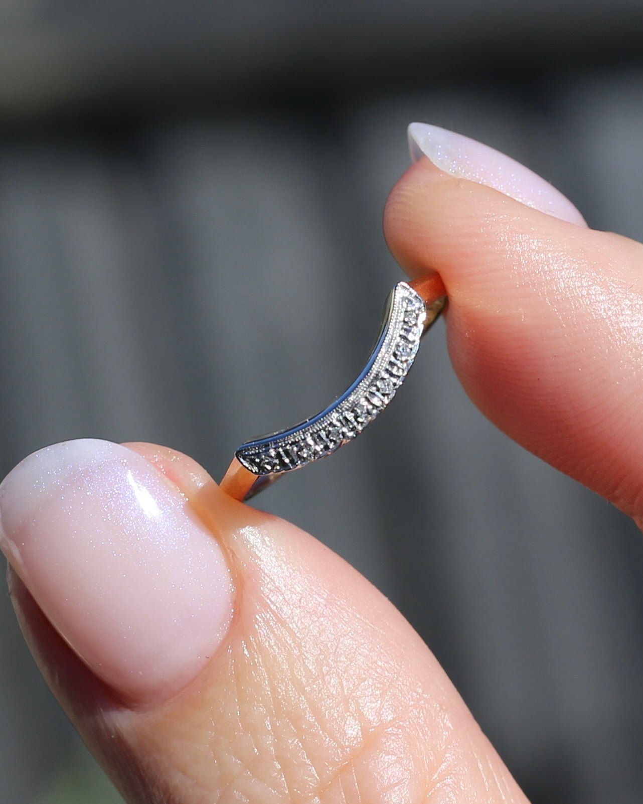 Vintique 7 Stone Single Cut Diamond & Milgrain Curved Stacker Ring, 14ct Yellow and White Gold, size P or just over 7.5, 1.49g