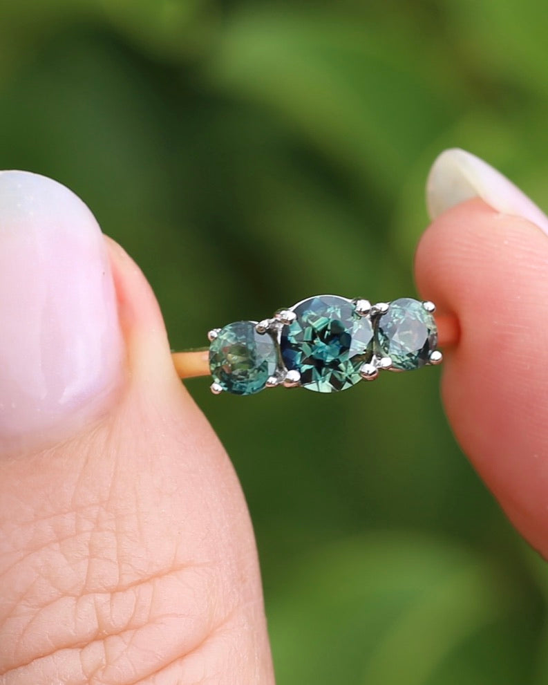 2.14ct Parti Sapphire Trilogy Ring, 14ct White and Yellow Gold, size N1/2 or 7, 2.64g