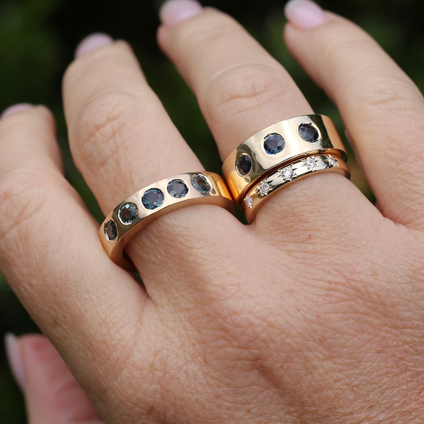 Custom Reclaimed Gold Chunky 9ct Rings with 4mm Parti Sapphires