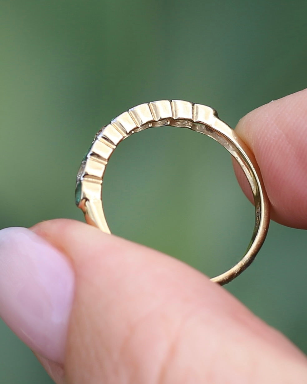 Natural Emerald and Diamond Half Hoop, 9ct Yellow and White Gold, size O or 7.25, 1.76g