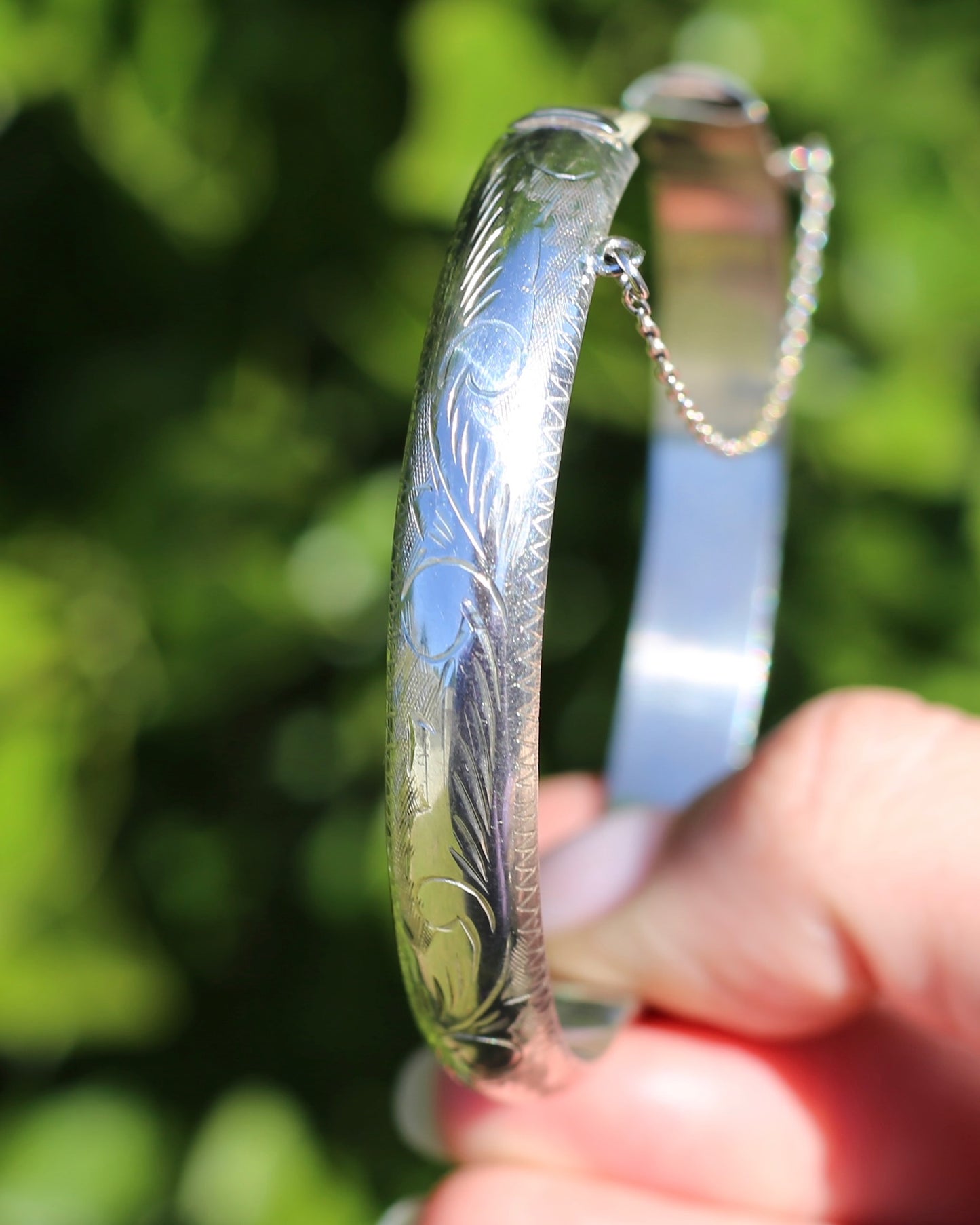 Vintage Hinged Engraved Silver Hollow Bangle, Sterling Silver