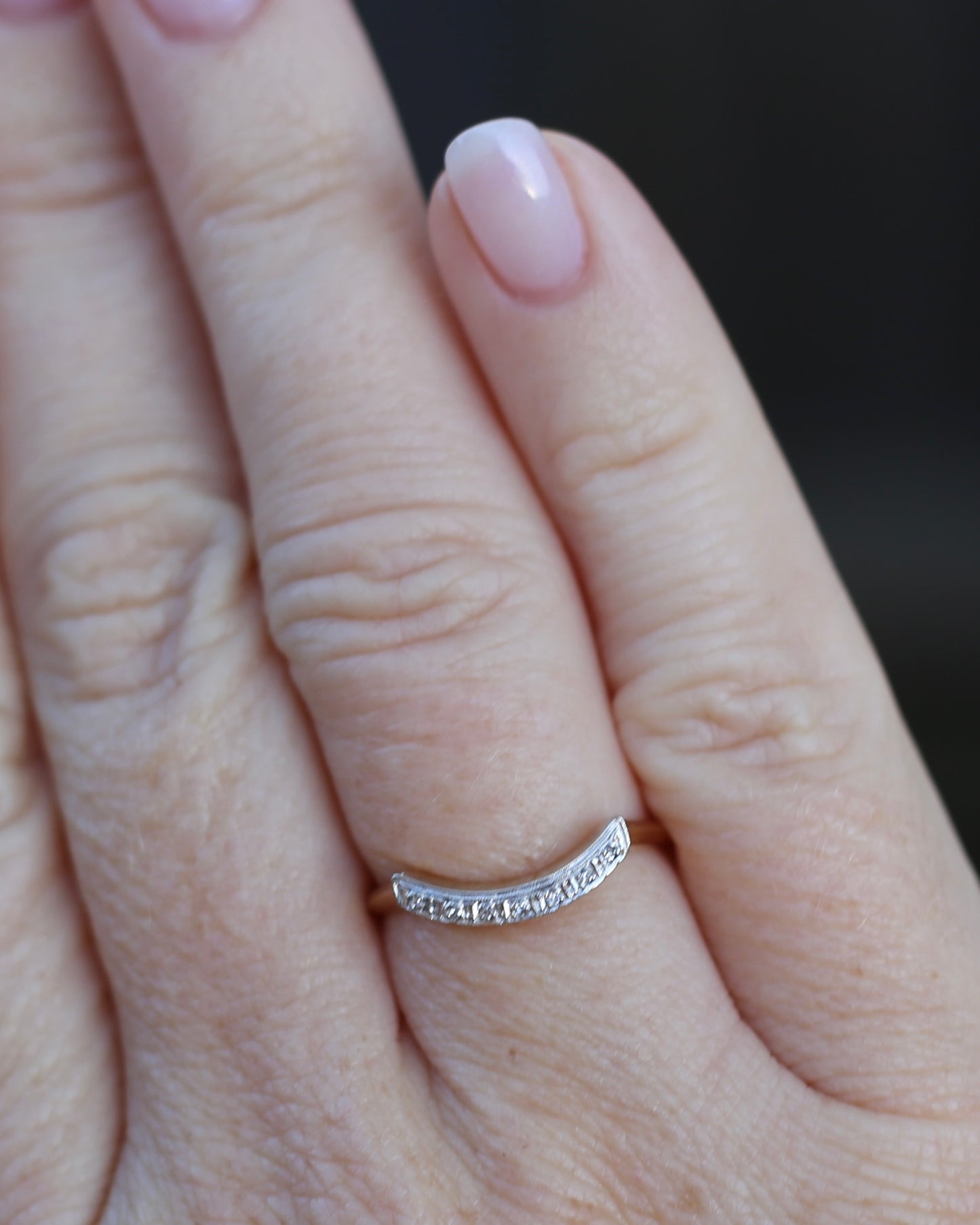 Vintique 7 Stone Single Cut Diamond & Milgrain Curved Stacker Ring, 14ct Yellow and White Gold, size P or just over 7.5, 1.49g