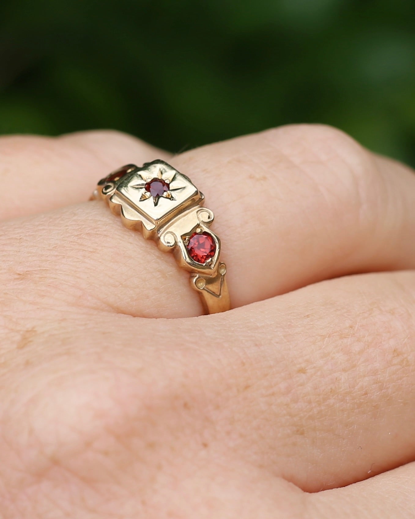Victorian Revival Garnet Trilogy Star Set Ring, 9ct Yellow Gold, size O1/2 or just over 7.25