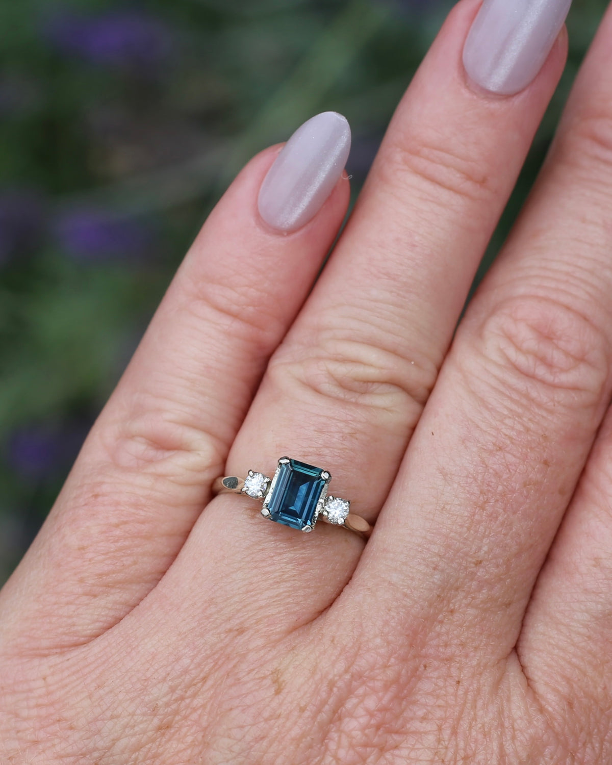 1.1ct Emerald Cut Natural Blue Teal Sapphire and Diamond Trilogy, 18ct White Gold and Platinum, size O or just over 7, 2.27g