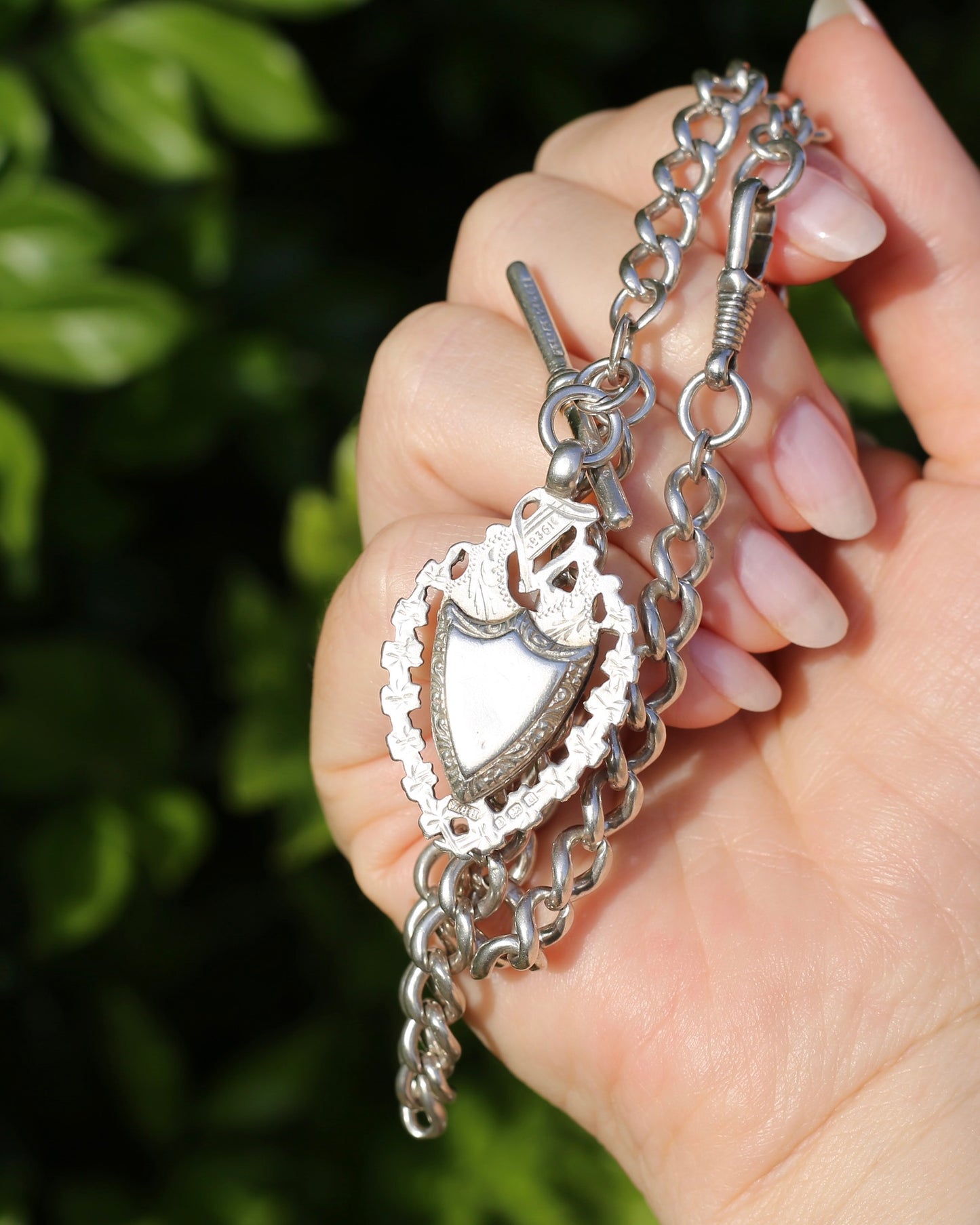 Birmingham Made 1903 Sterling Silver Watch Chains, Fob and T-bar, 47cm or 18.5 inches, 52,6g