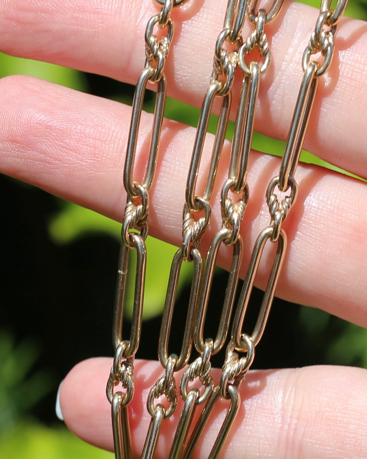 Vintique Trombone and Love Link Chain Single Albert Clasp, 9ct Gold, 51cm or 20 inches, 22.5g