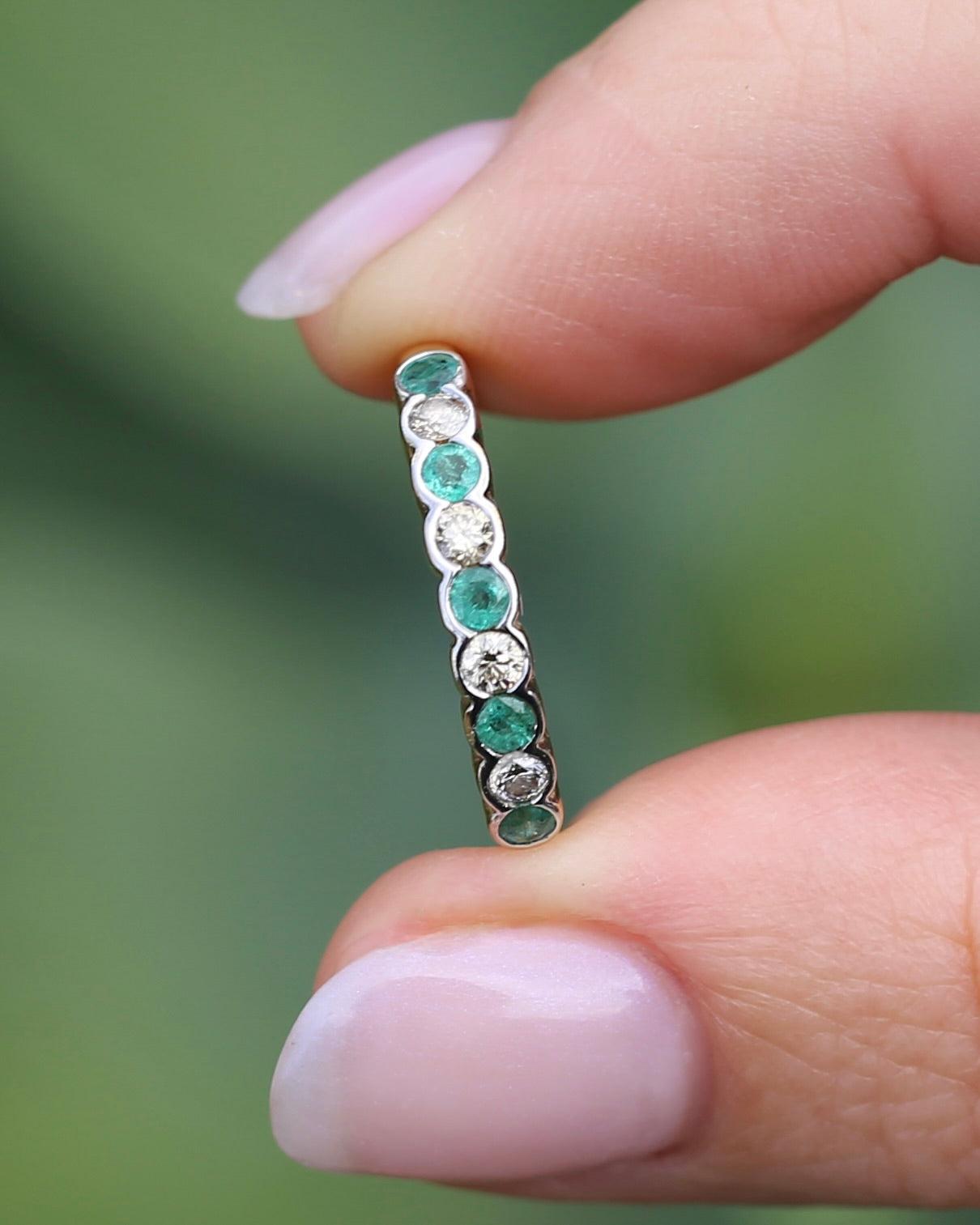 Natural Emerald and Diamond Half Hoop, 9ct Yellow and White Gold, size O or 7.25, 1.76g