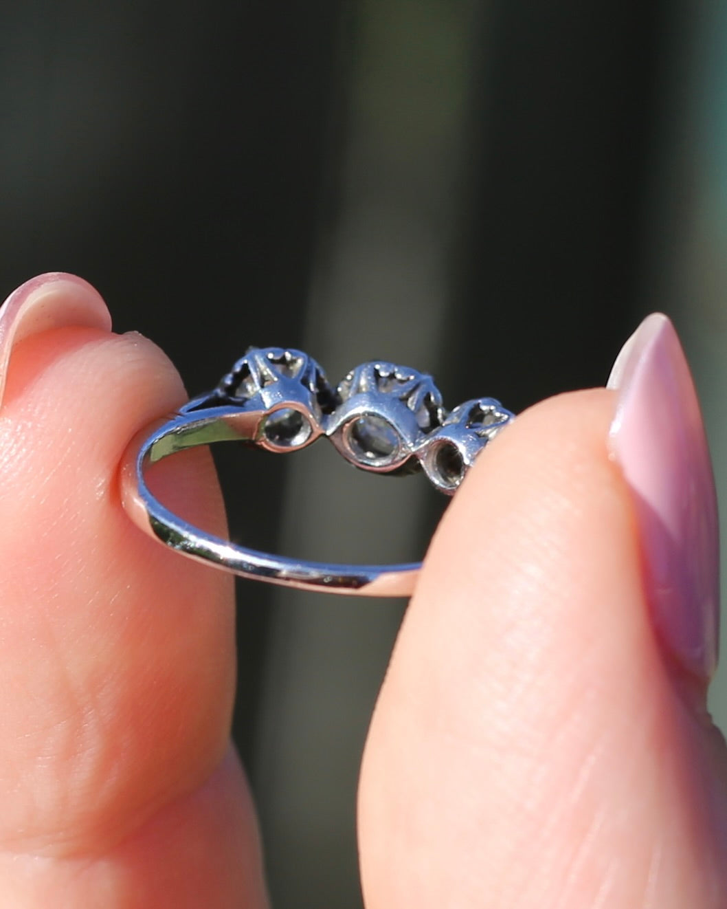 Circa 1930s Transitional Cut Diamond Trilogy with Kozibe Effect, Platinum, size L or 5.75, 2.68g, with valuation