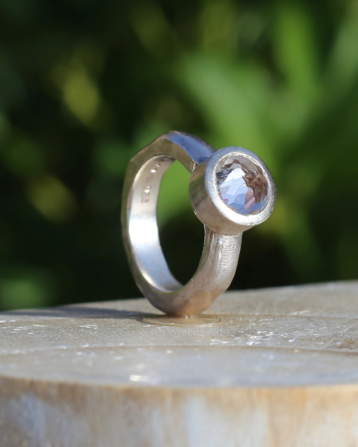 Bjorg Jewellery Inverse Set White Spinel Ring, Chunky Handmade Sterling Silver, size 6.5 or just under N