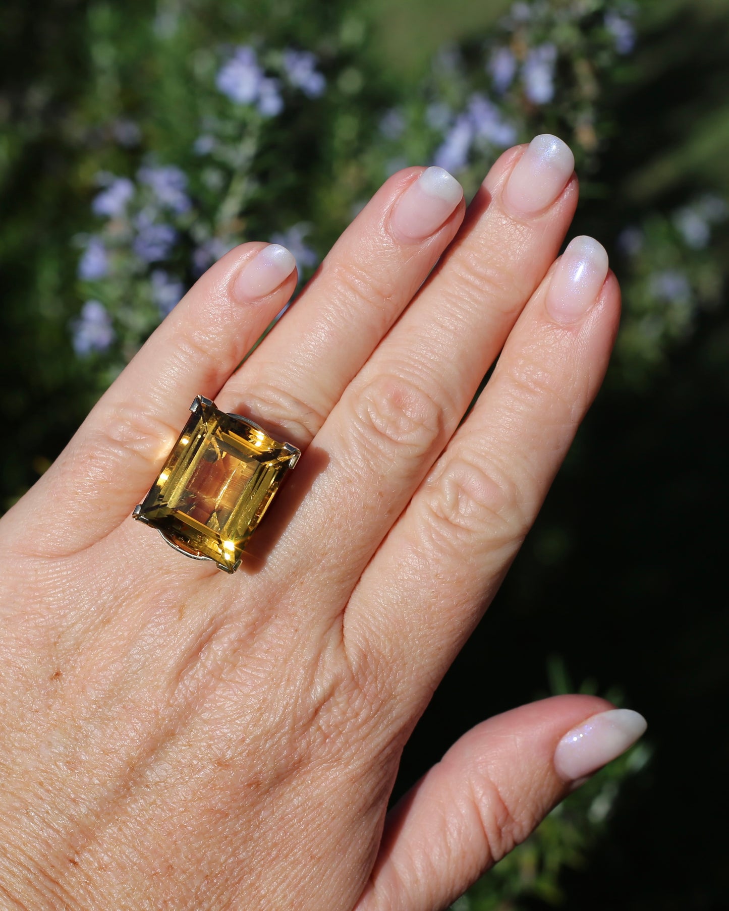 35ct Rectangular Step Cut Vivid Citrine in Chunky Vintage 9ct Yellow Gold Ring, size N1/2 or 7, 15.12g