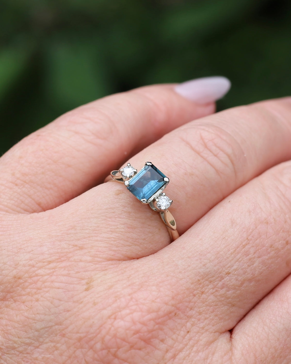 1.1ct Emerald Cut Natural Blue Teal Sapphire and Diamond Trilogy, 18ct White Gold and Platinum, size O or just over 7, 2.27g