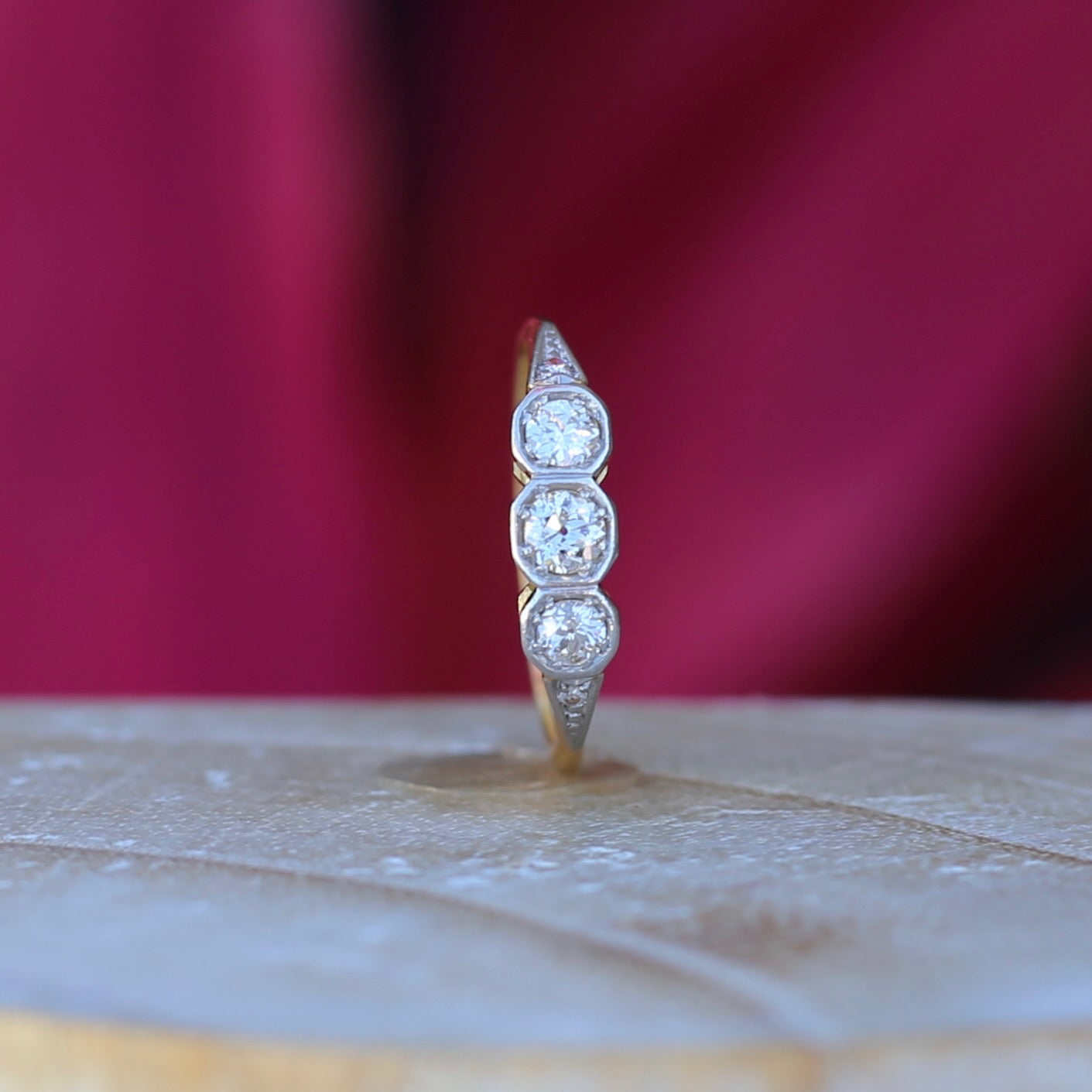 1930s Old and Transitional Cut Diamond Trilogy, 18ct Yellow and White Gold, size N or 6.75